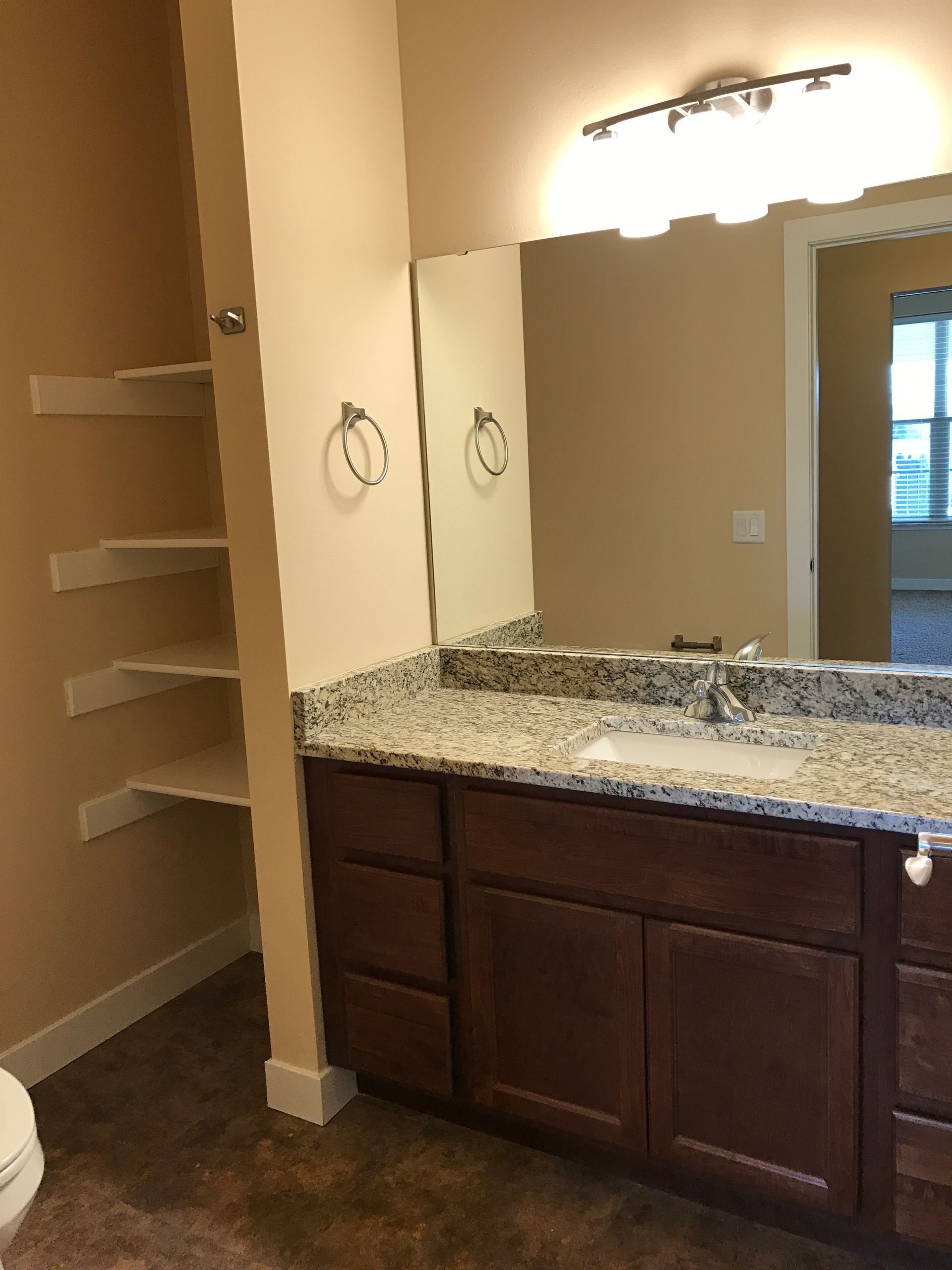 a bathroom with a sink and a large mirror