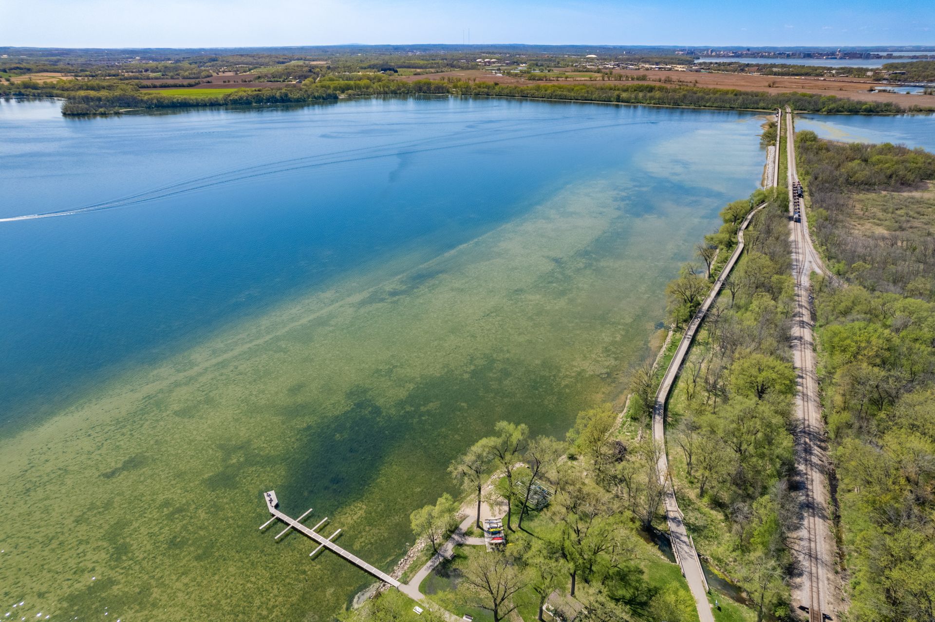 an aerial view of a large body of water