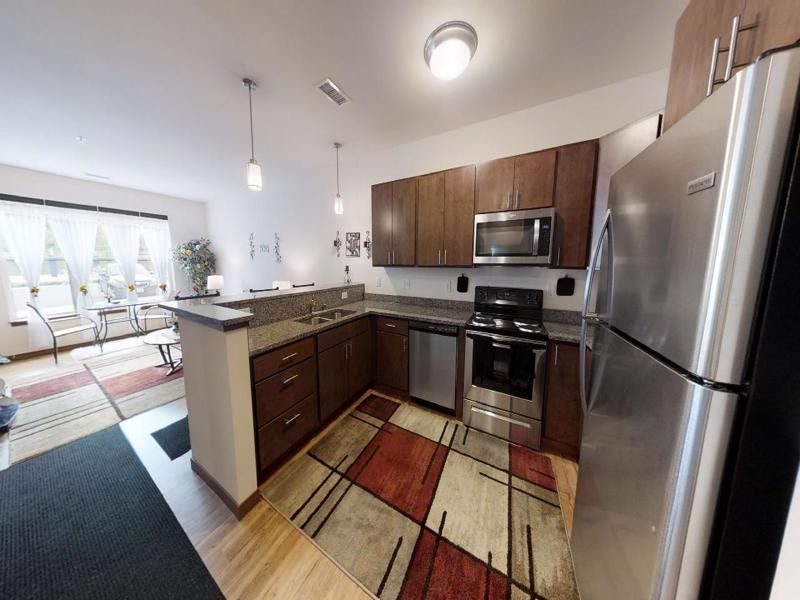 a kitchen with stainless steel appliances and a rug