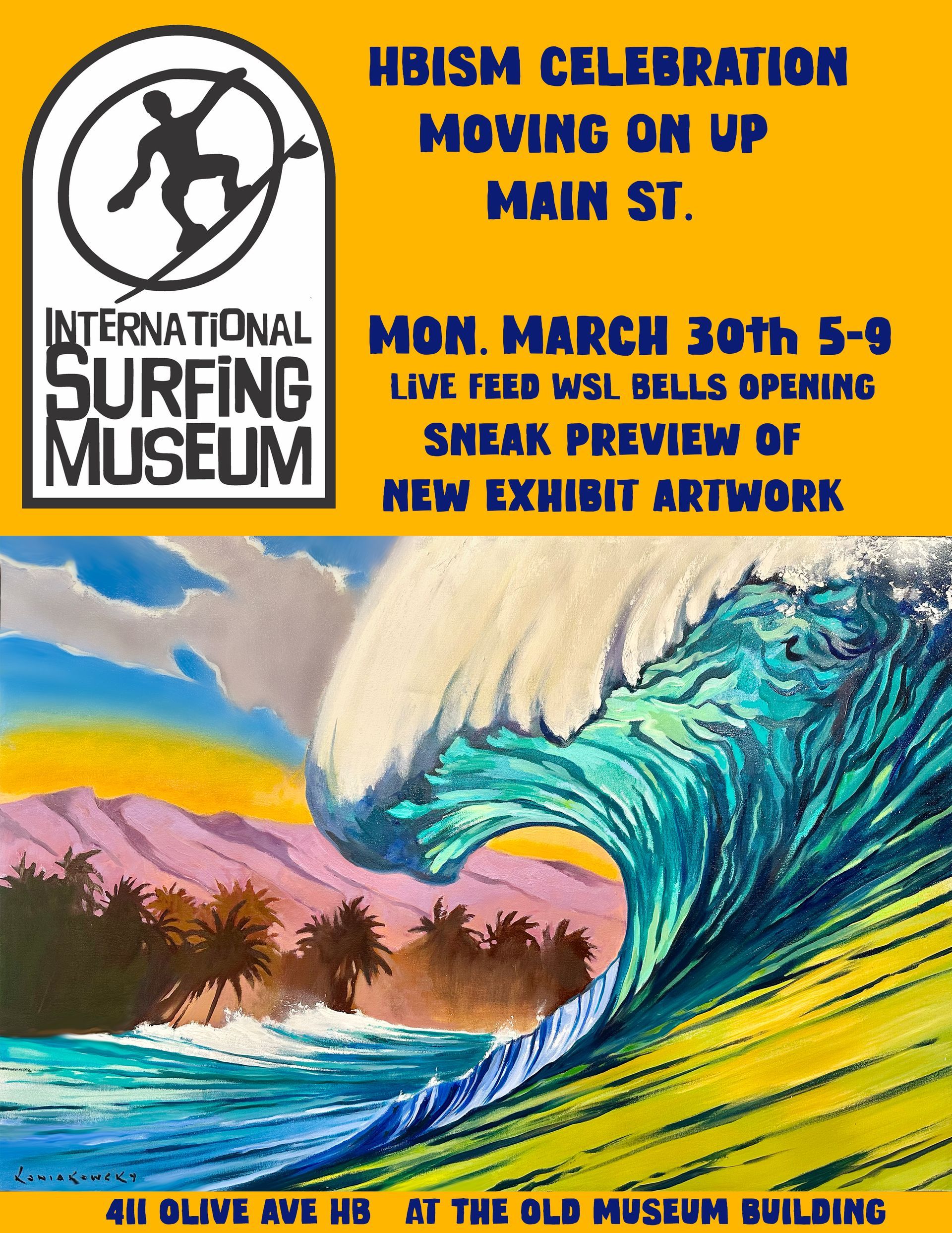 Poster for HBISM celebration on Main St. features the International Surfing Museum logo, text, and artwork of a breaking wave.