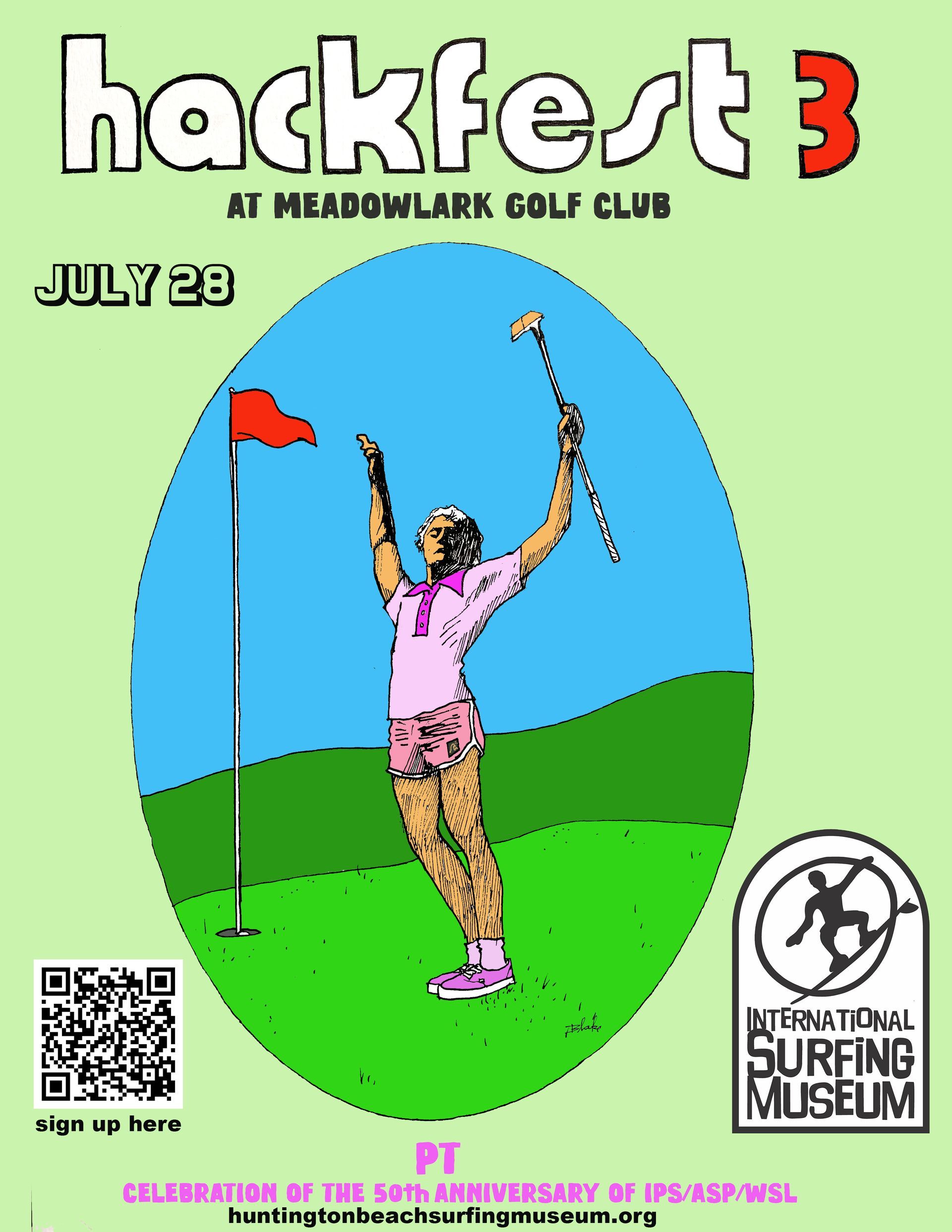 Poster for “Hackfest 3” at Meadowlark Golf Club, July 28, with a golfer celebrating on a green.