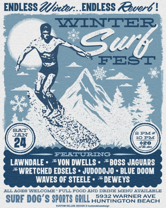 Winter Surf Fest poster featuring a surfer, mountains, and event details at Surf Dog's Sports Grill in Huntington Beach.