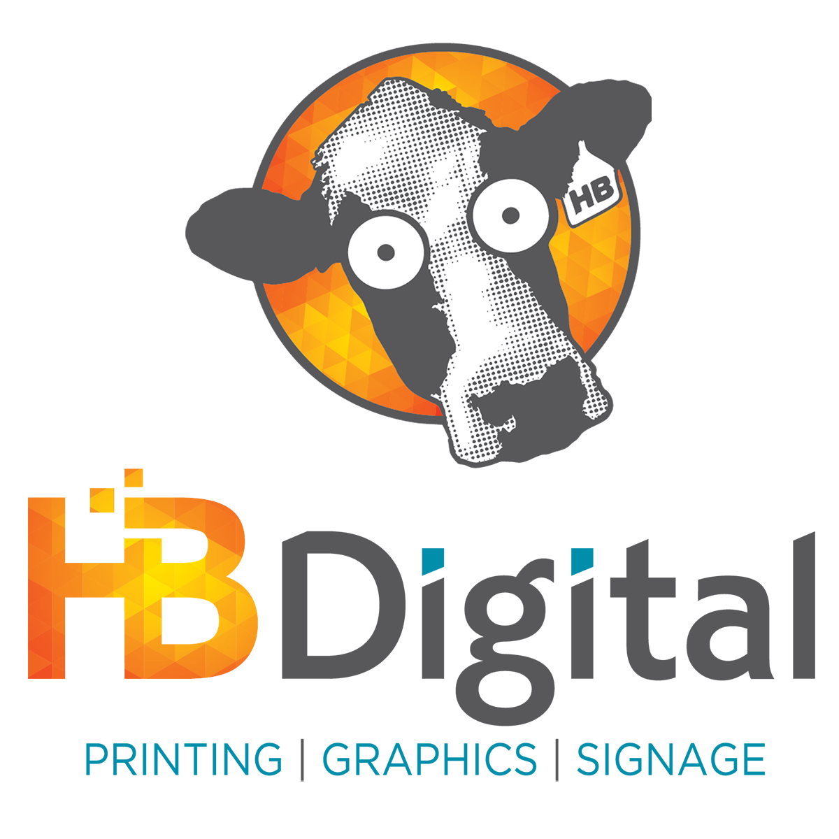 HB Digital logo with stylized cow head and text “PRINTING | GRAPHICS | SIGNAGE”
