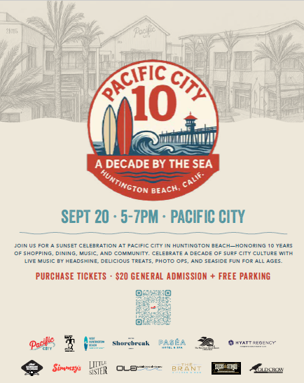 Poster for Pacific City's 10th-anniversary celebration in Huntington Beach, CA, Sept 20, 5-7 PM.