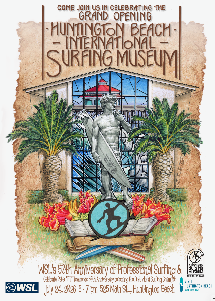 Surfing Museum Grand Opening Grand opening poster for the Huntington Beach International Surfing Museum with surfboards, statue, and palm trees