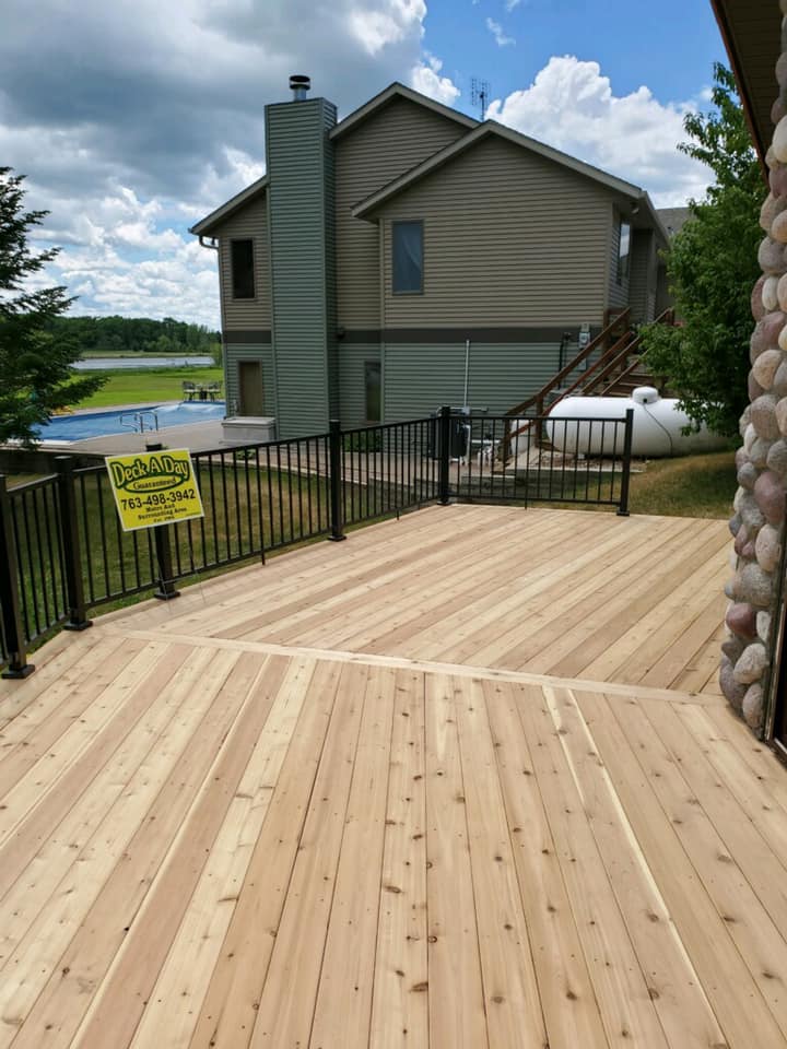 Finished wooden deck at house in Minot ND