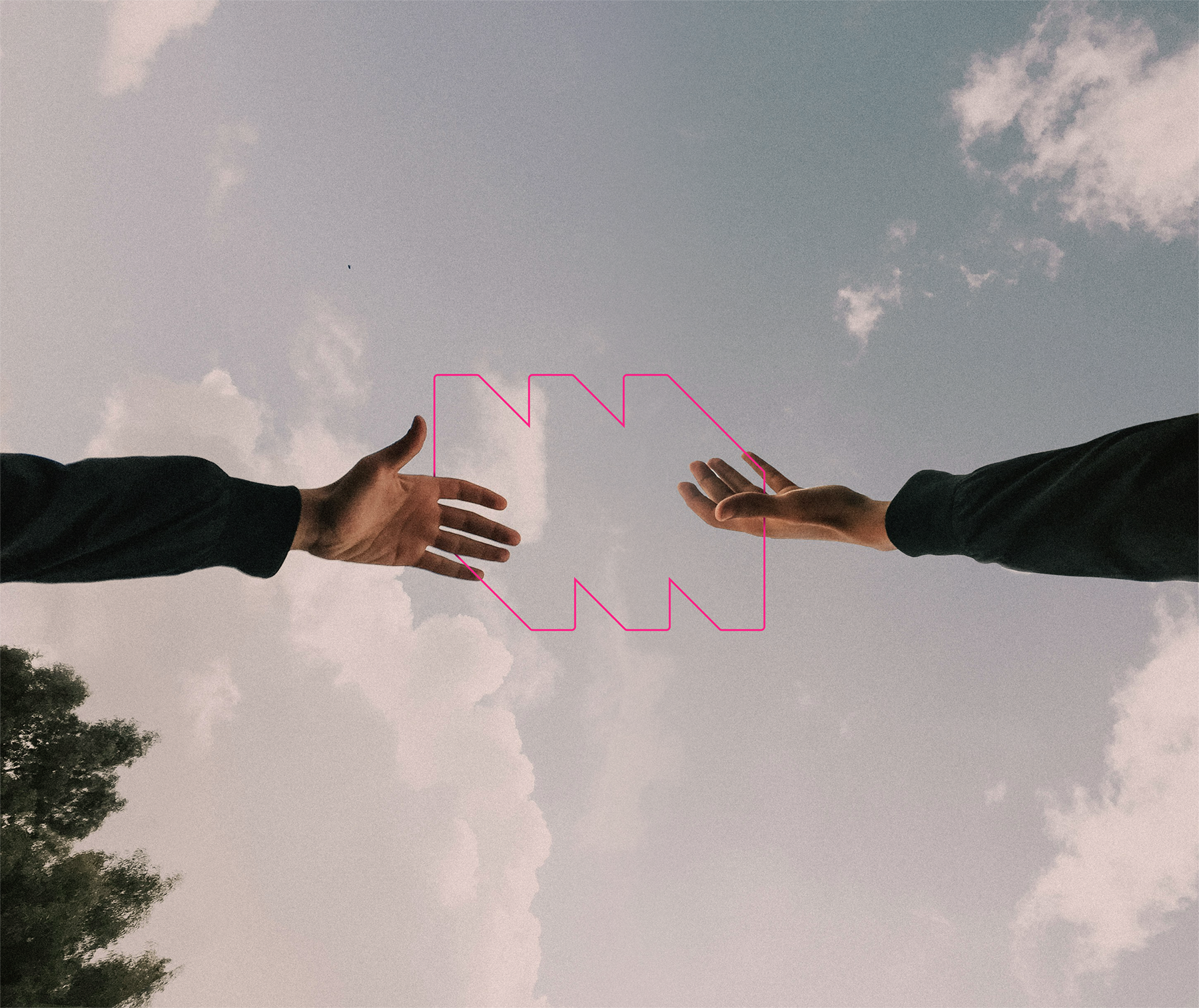 Two hands reaching towards each other, outlined by a pink zig-zag, set against a cloudy sky.