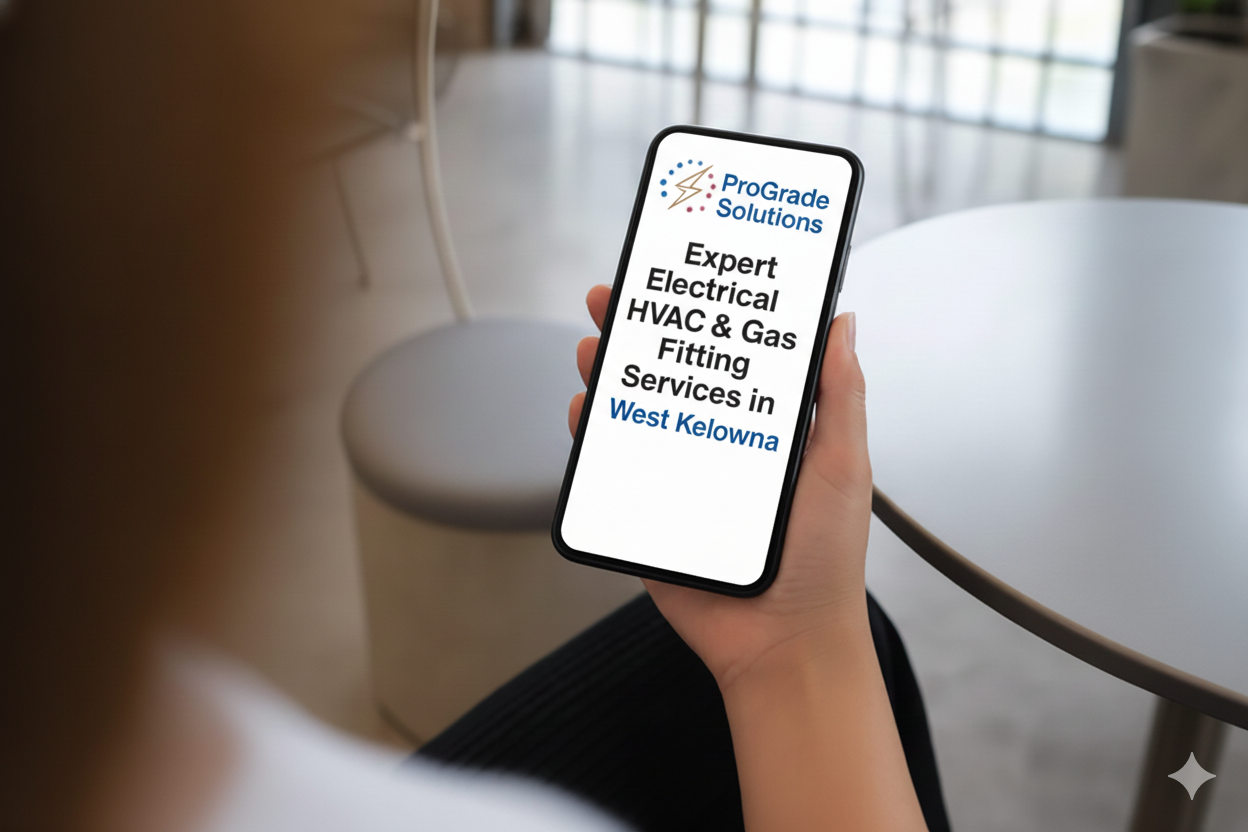 Person holding phone displaying ProGrade Solutions ad: electrical, HVAC, and gas fitting services in West Kokomo.