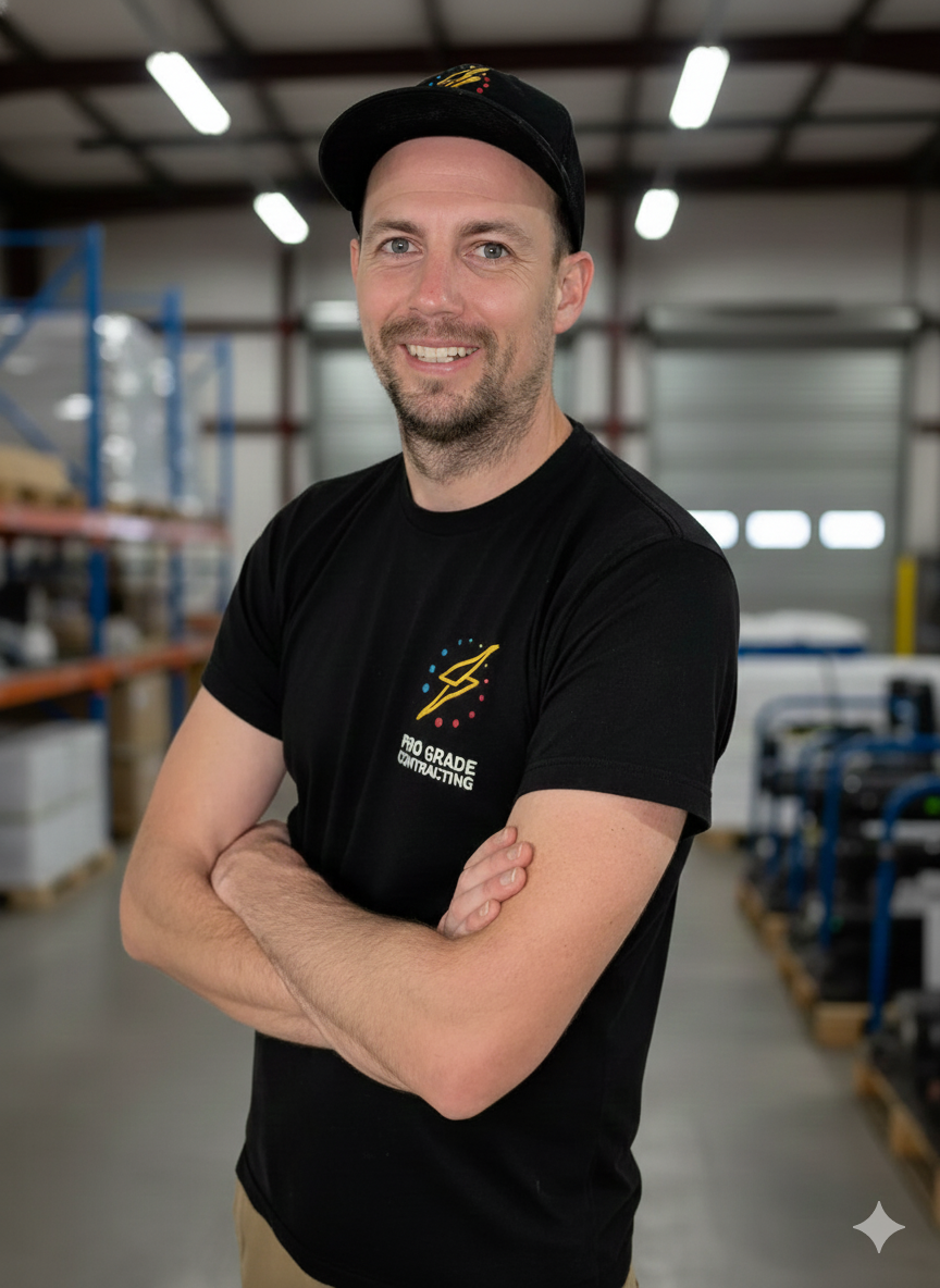 Man in black t-shirt and hat, arms crossed, smiling, standing against a white wall.
