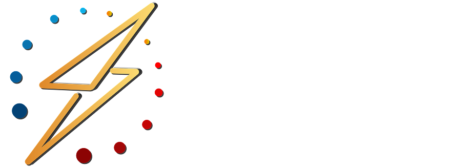 Gold lightning bolt logo with blue and red circle dots.