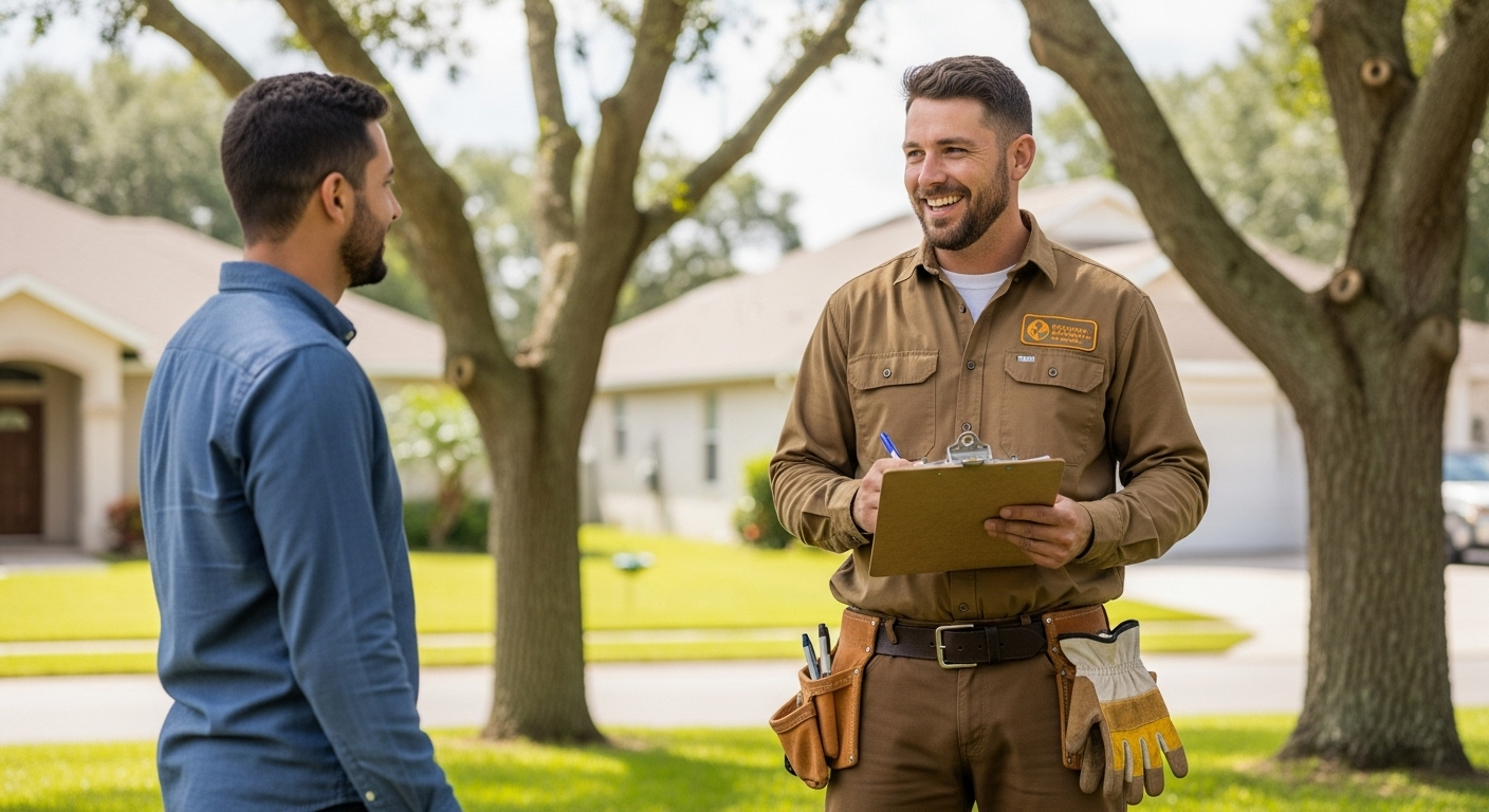 A person in a brown uniform with a clipboard talks to another person on a sunny residential street.