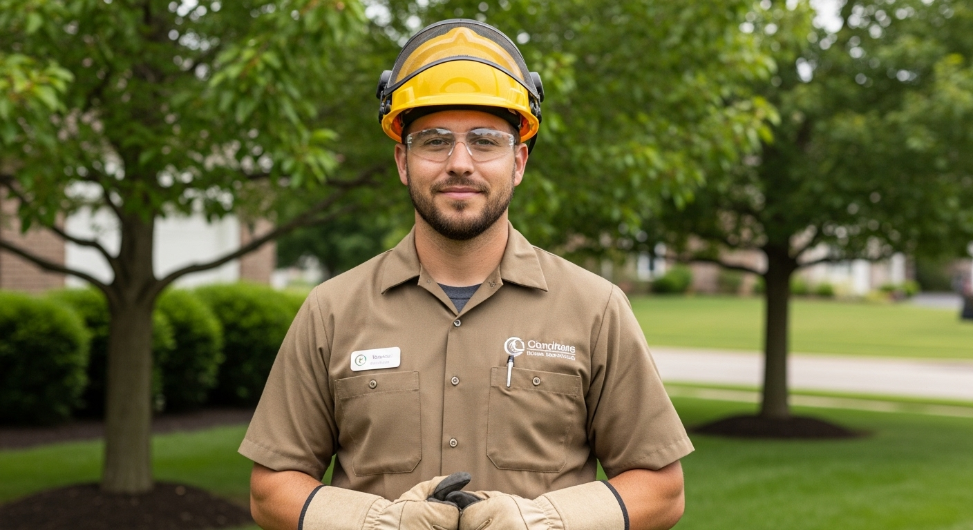 A utility worker in a brown uniform, safety helmet, and glasses poses in a residential neighborhood with green trees.