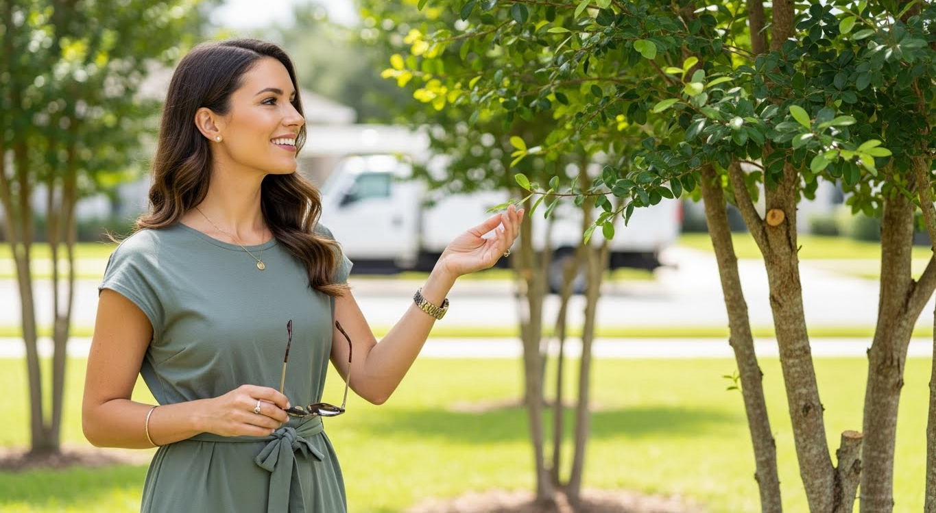 A person in a sage green dress smiles while standing outdoors and gently touching the leaves of a small tree.