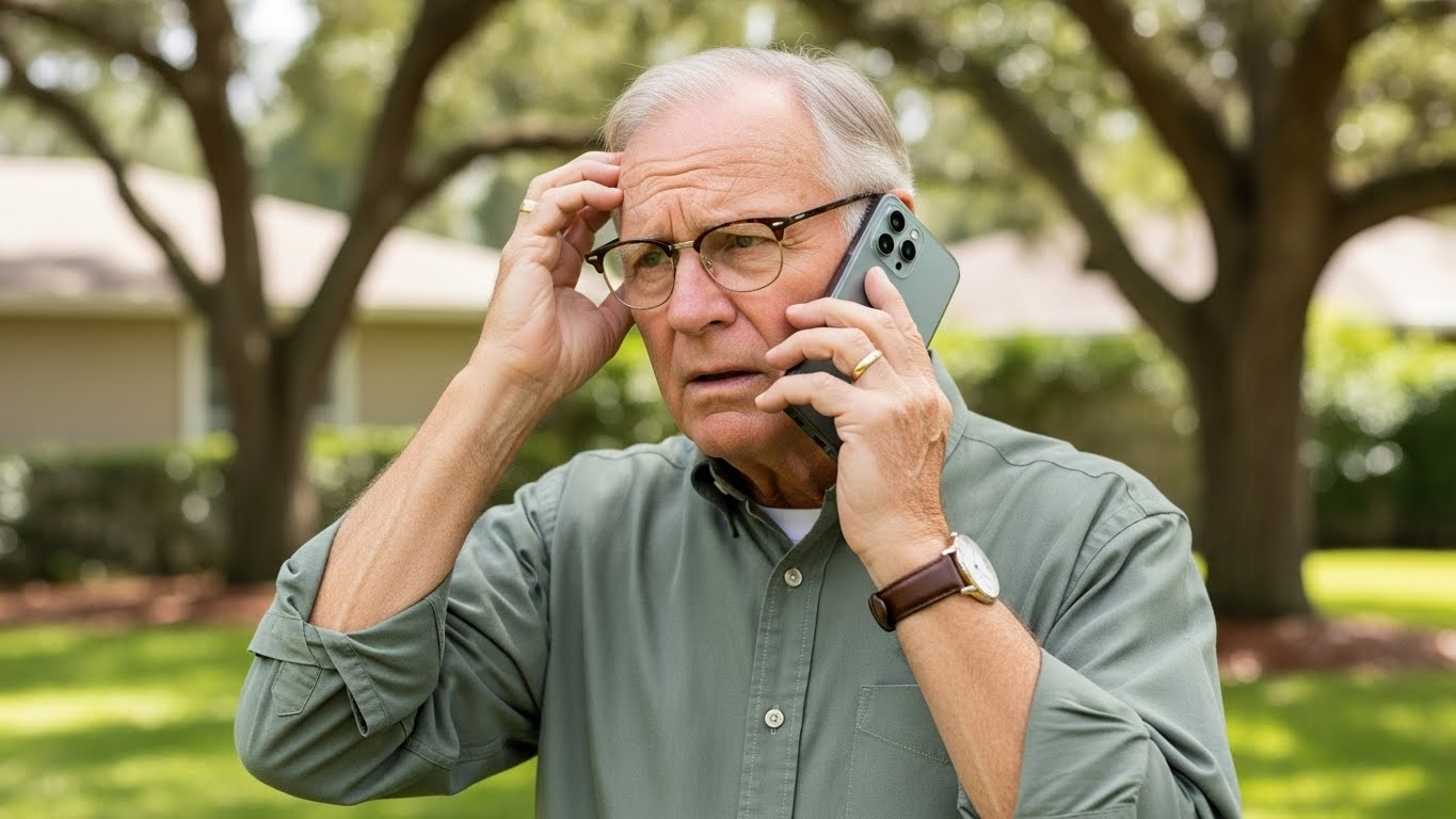 An older person wearing glasses and a green shirt holds a phone to their ear with a concerned expression, outdoors.