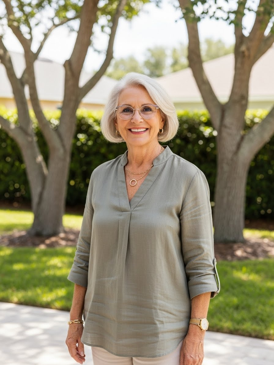 A person with short white hair and glasses wearing a sage green blouse, smiling while standing outdoors among trees.
