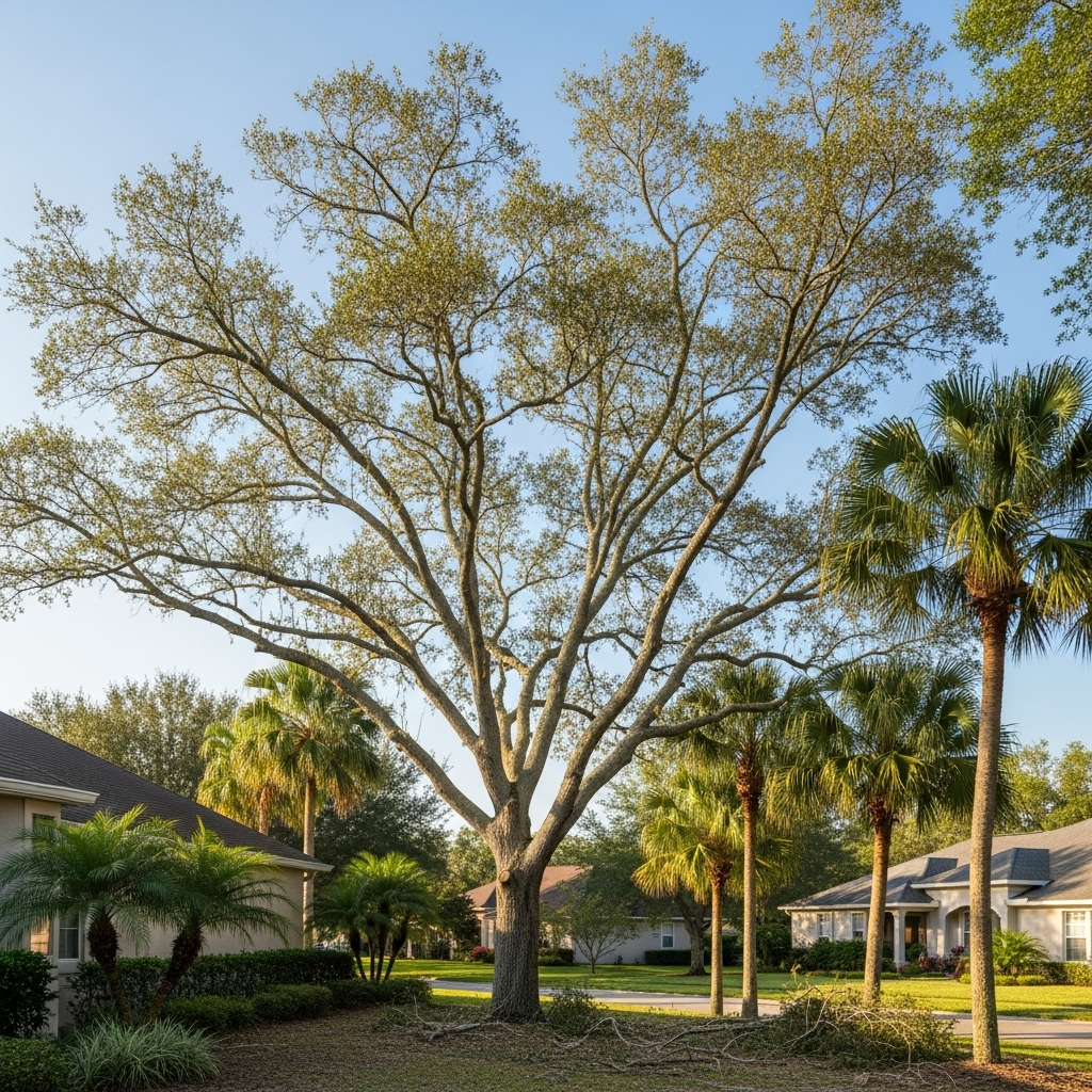 A large, spreading deciduous tree stands in a suburban yard between several palm trees and houses under a clear blue sky.