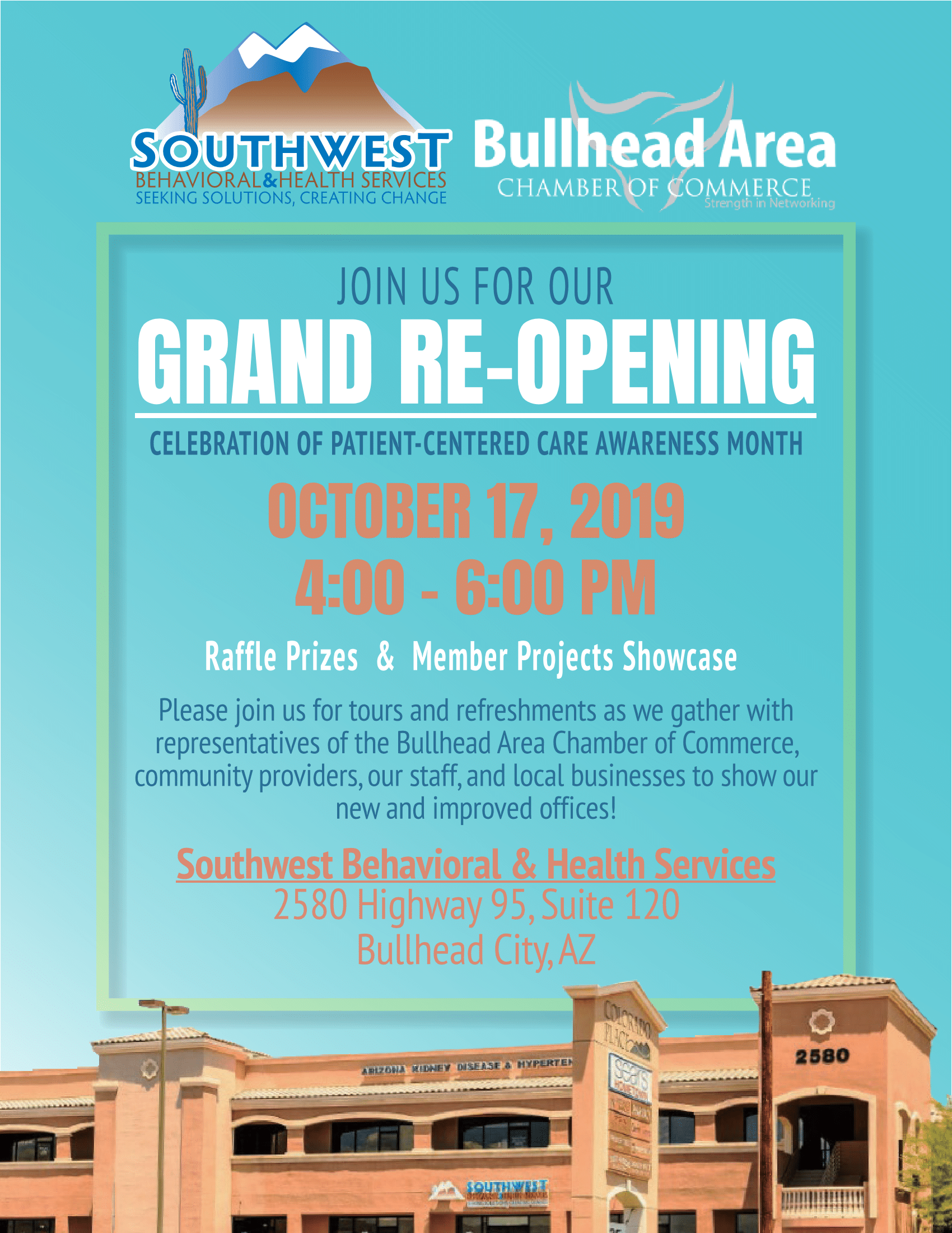 A poster for a grand reopening of southwest bullhead area