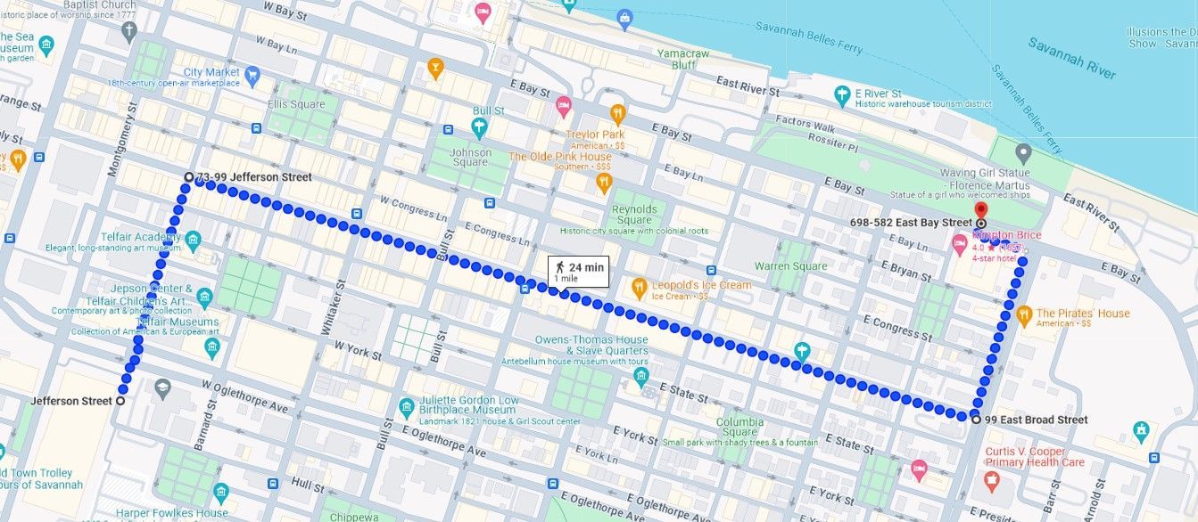 A map of a city with a blue line on it.