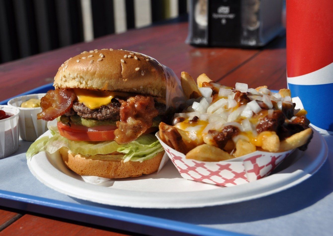burger and chili cheese fries
