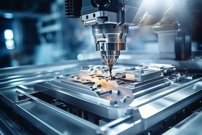 a machine is cutting a piece of metal in a factory