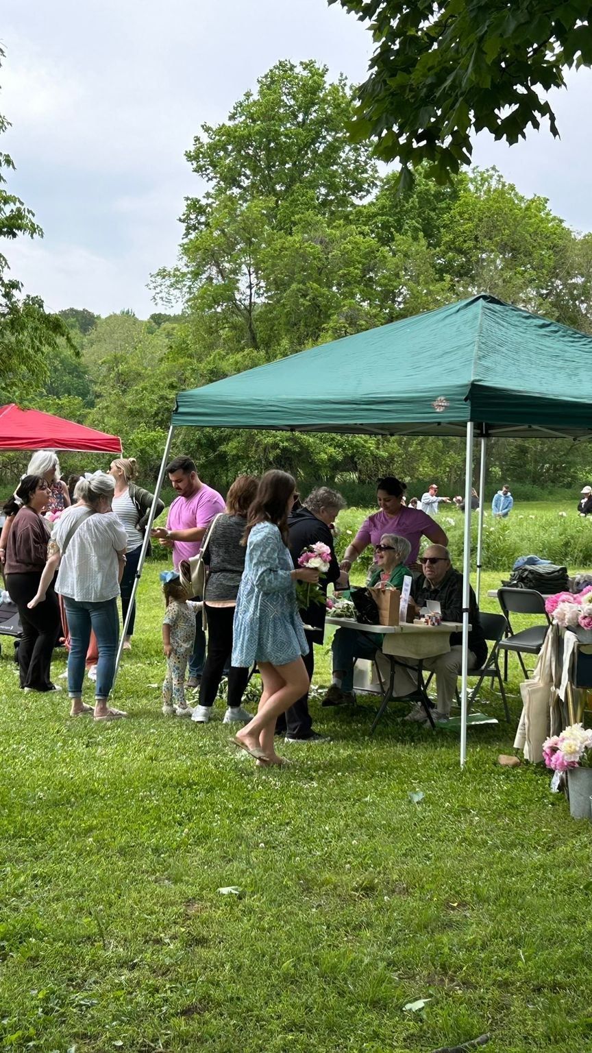 People gathered under a green canopy at an outdoor park event, with tables and tents on the grass.