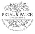 Black-and-white floral logo for Petal & Patch at Fragrant Farms, New Harmony, IN, with address and phone number