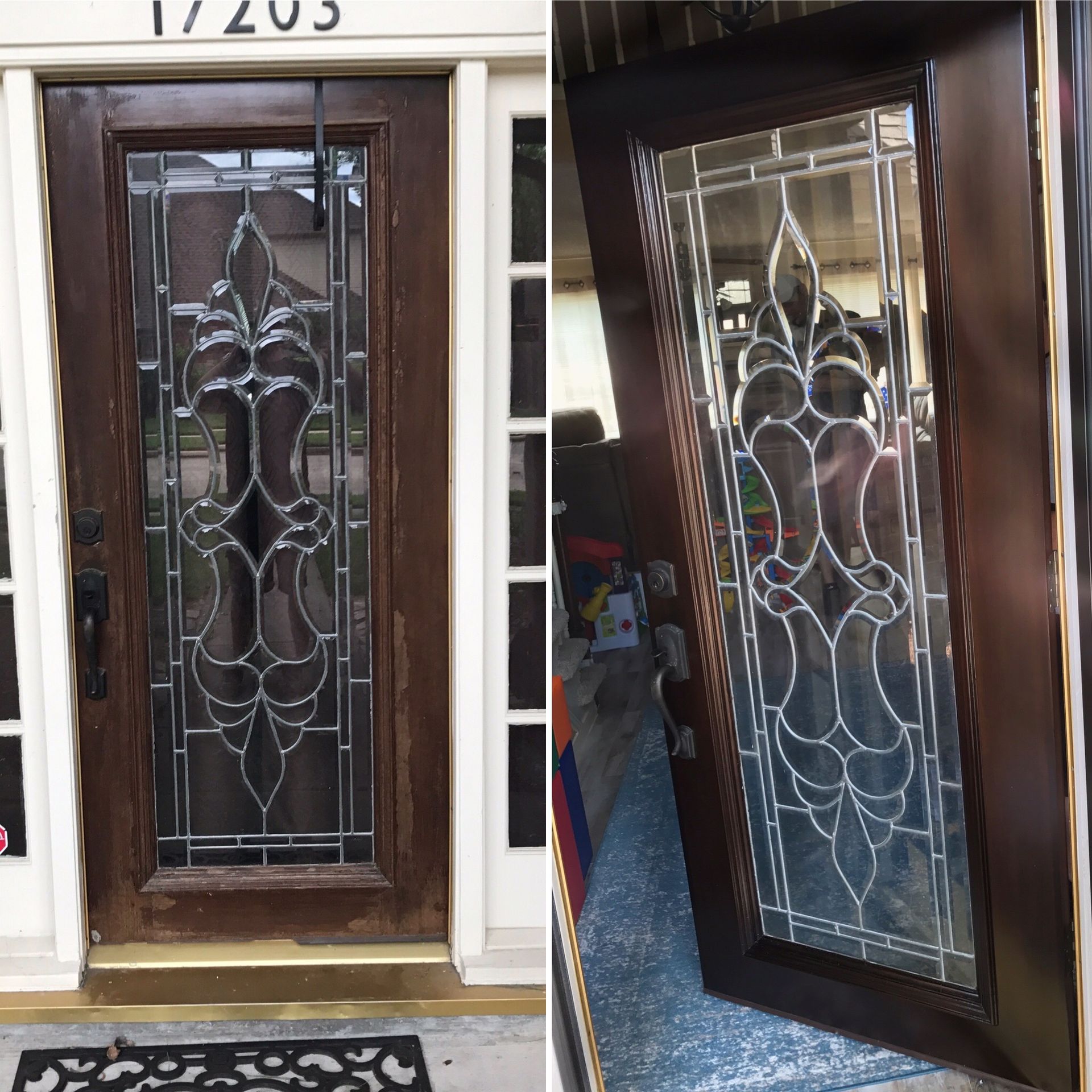 A before and after picture of a stained glass door
