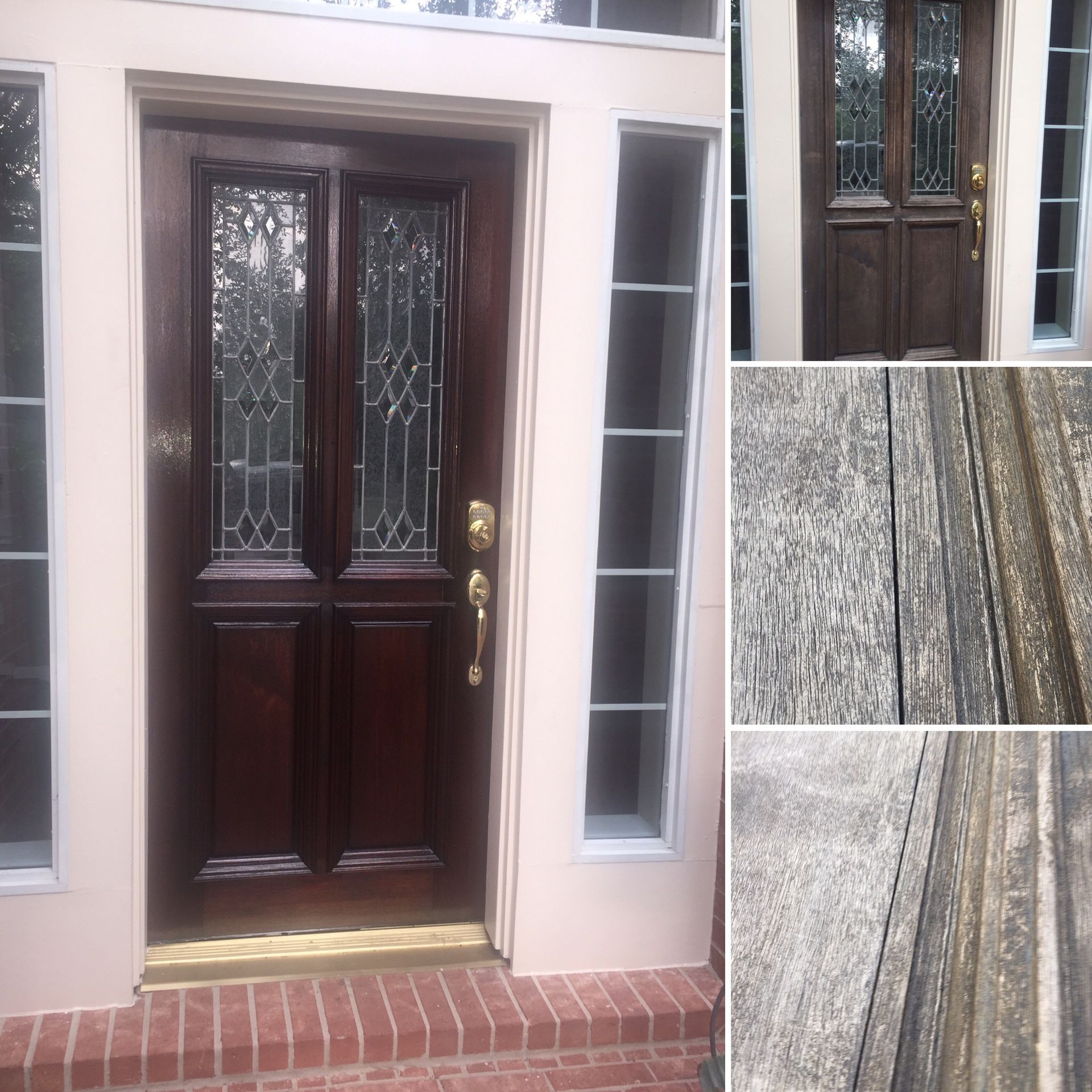 The front door of a house has a stained glass window
