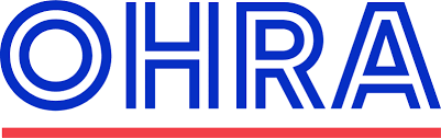 Blauw OHRA-logo met een rode onderstreping.