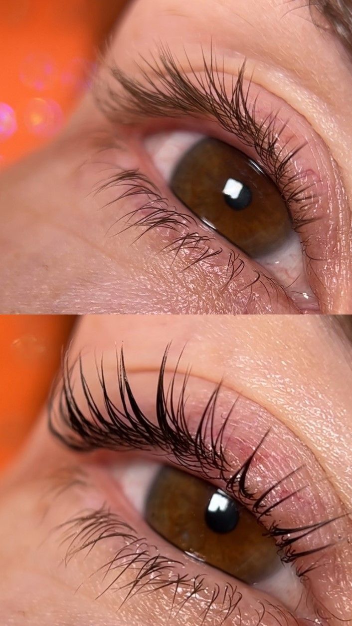 Top: Untreated eyelashes. Bottom: Lashes with lash lift, appearing longer and darker. Brown eye.