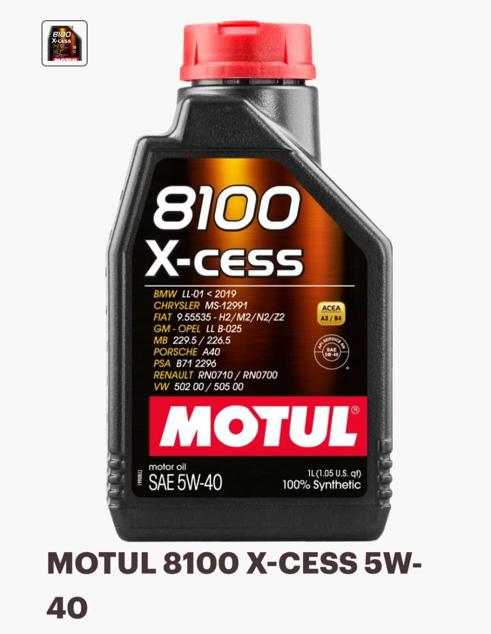 Botella de aceite de motor Motul 8100 X-CESS 5W-40 con etiqueta negra, tapa roja y texto blanco.