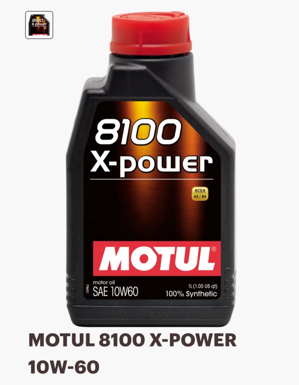 Botella de aceite de motor Motul 8100 X-Power con tapón rojo y etiqueta negra. El texto indica