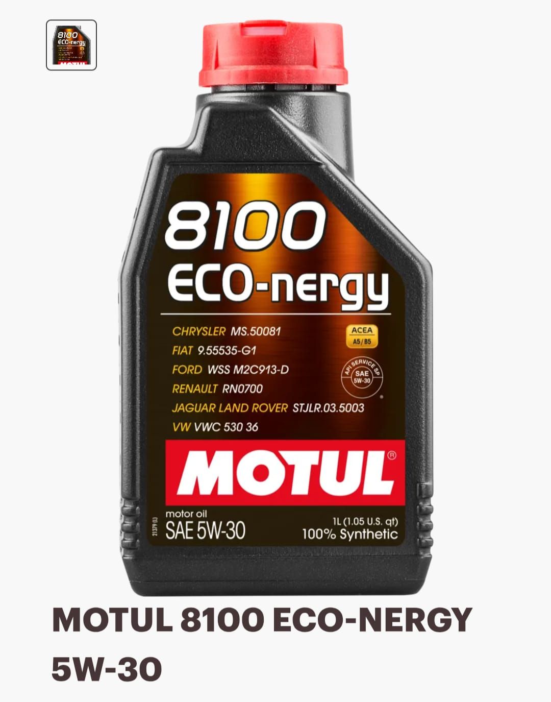 Botella de aceite Motul negra con tapón rojo, etiquetada