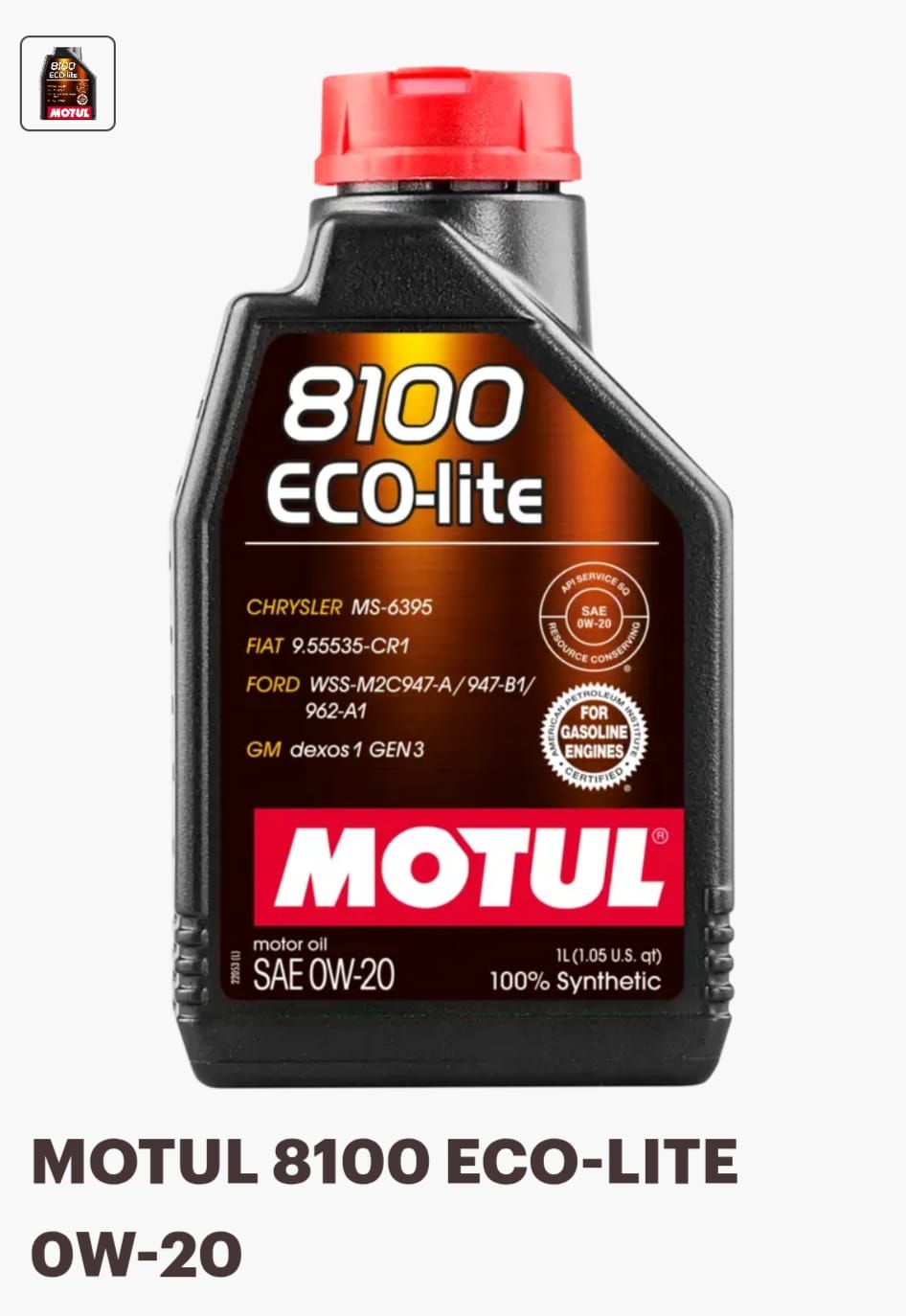 Botella de aceite Motul 8100 ECO-lite 0W-20 con tapón rojo y etiqueta negra.