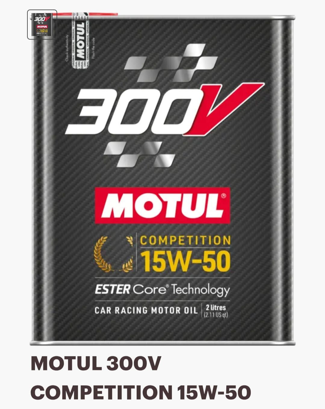 Aceite de motor Motul 300V Competition 15W-50 en lata. Negro y plateado con logotipo y texto en rojo.