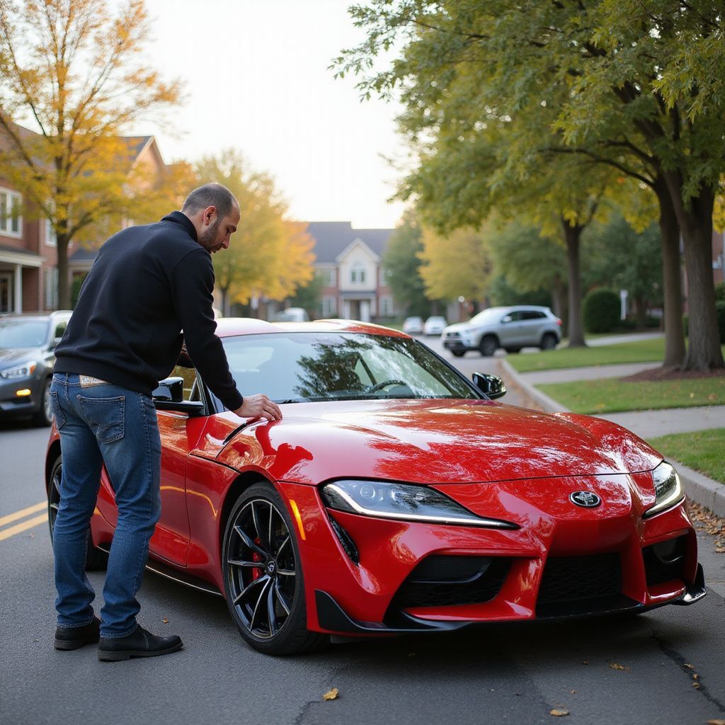 Man in jeans touching a red Toyota Supra on a street with autumn trees.
