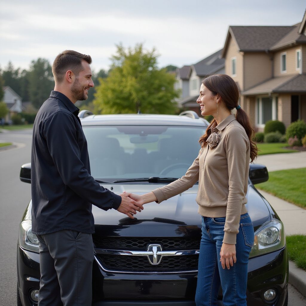 Man and woman shaking hands in front of a black SUV on a suburban street.