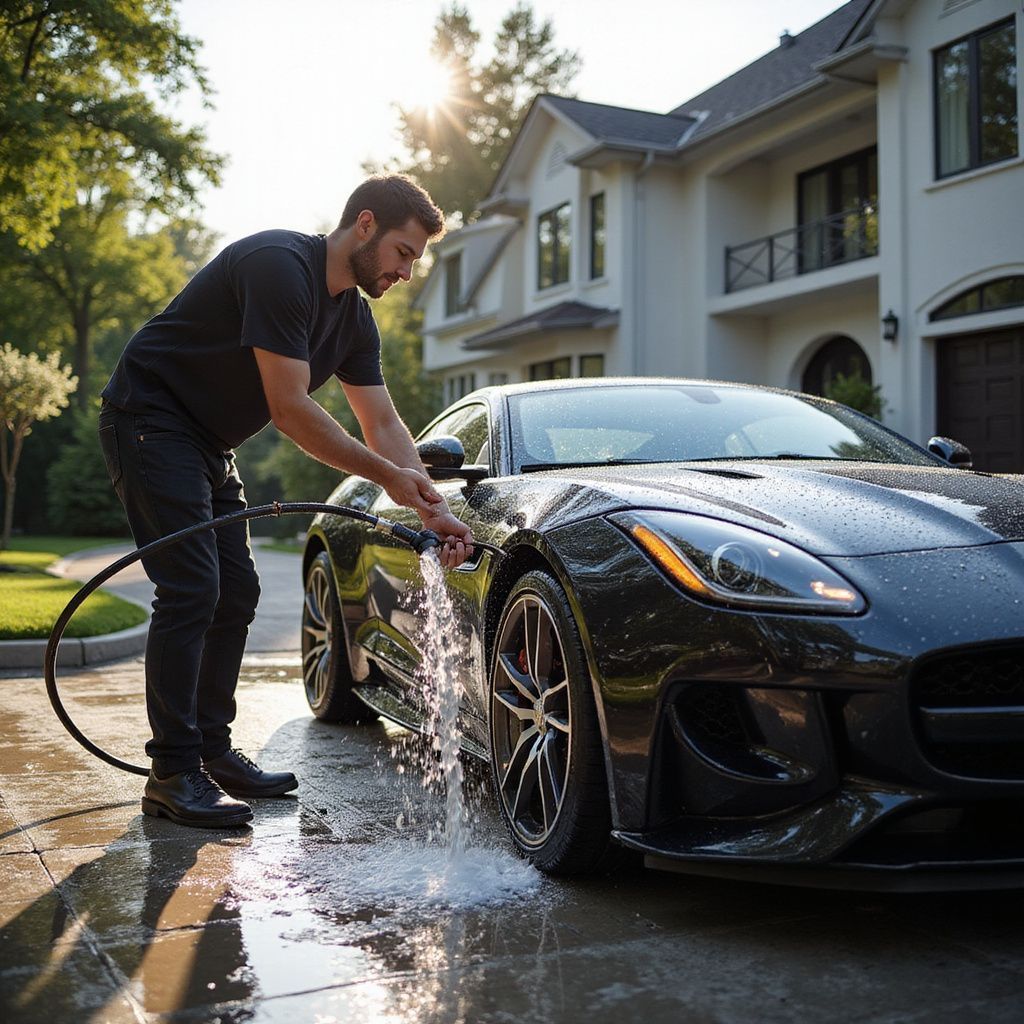 Man washing a dark gray sports car in front of a large house with a hose.