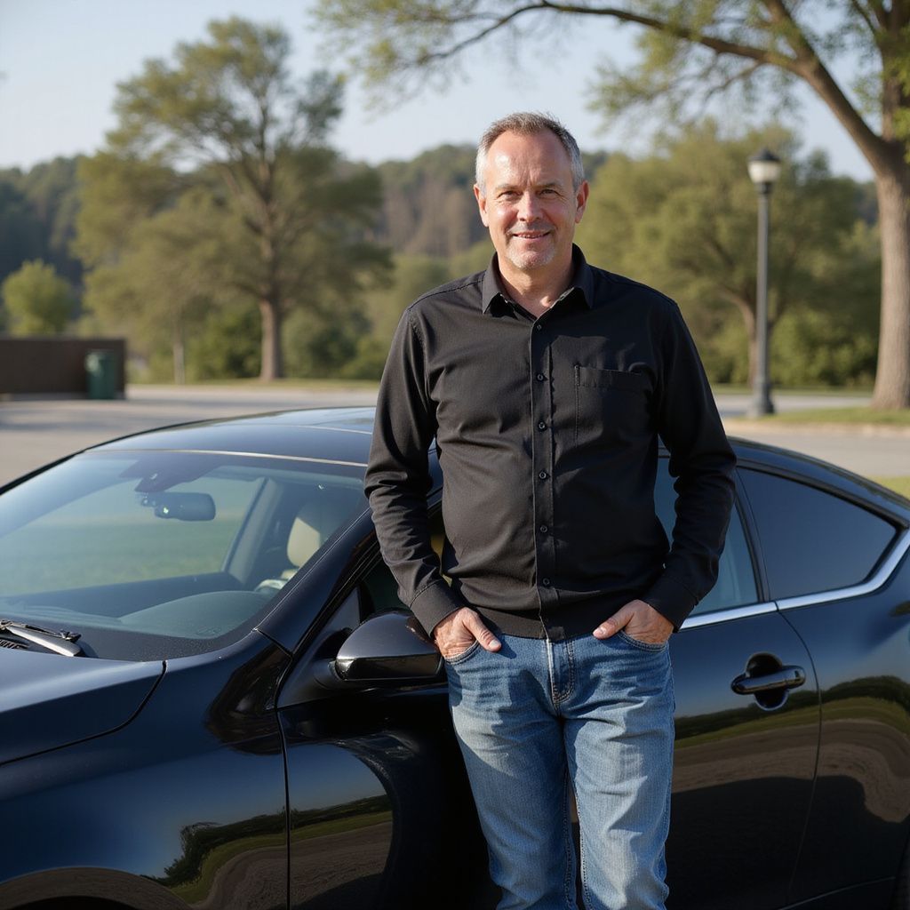 Man in black shirt and jeans leans on a black car, smiling outside.