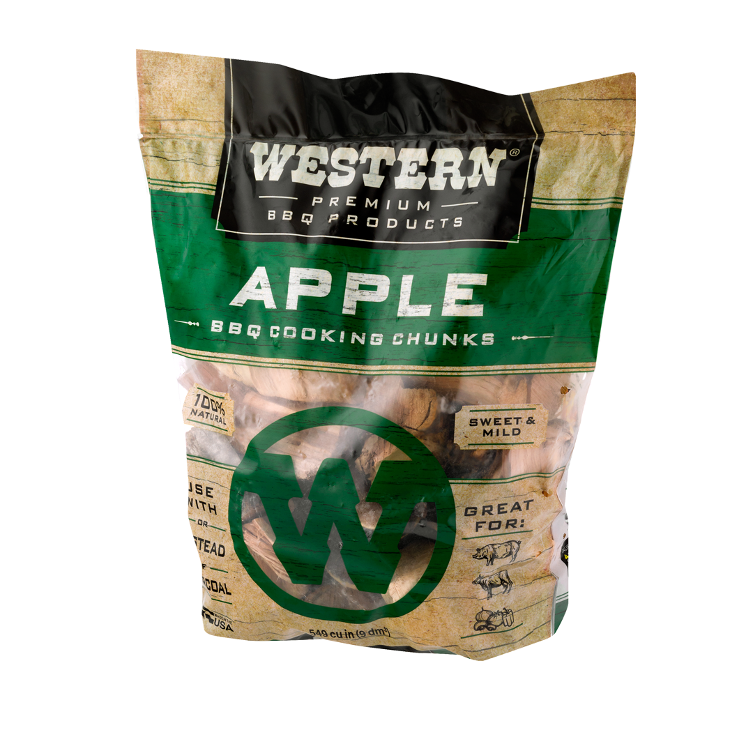 Back of bag of Western Premium Apple BBQ Smoking Chunks