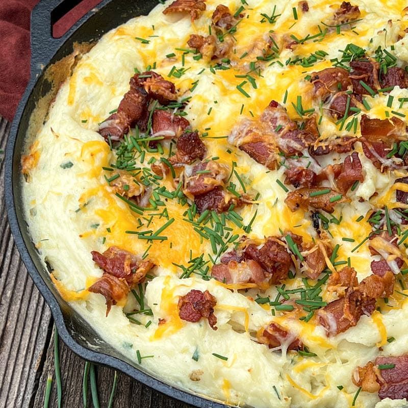 Smoked Mashed Potatoes with cheese, bacon and chives