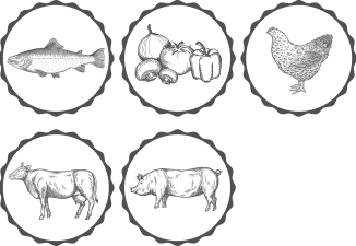 Icons for fish, vegetables, chicken, beef and pork