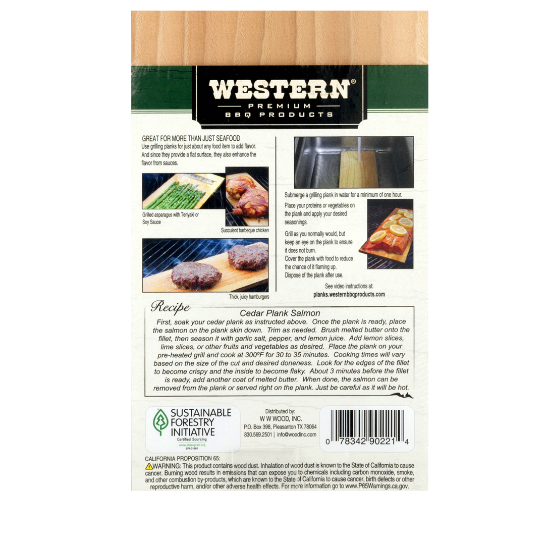 Back of Packaging for Western Premium Cedar Grilling Plank