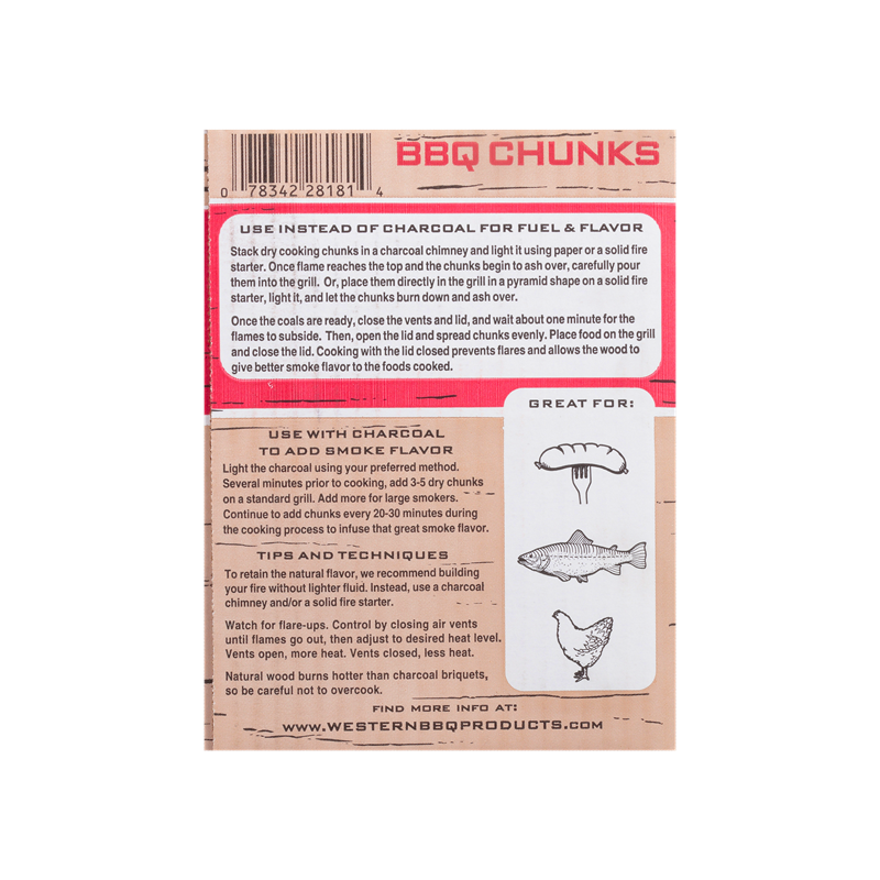 Back of box of Western Premium Cherry BBQ Smoking Chunks