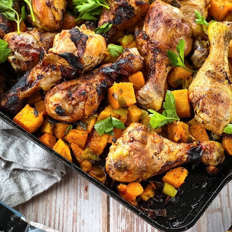 Smoked Chicken Drumsticks on a bed of grilled butternut squash