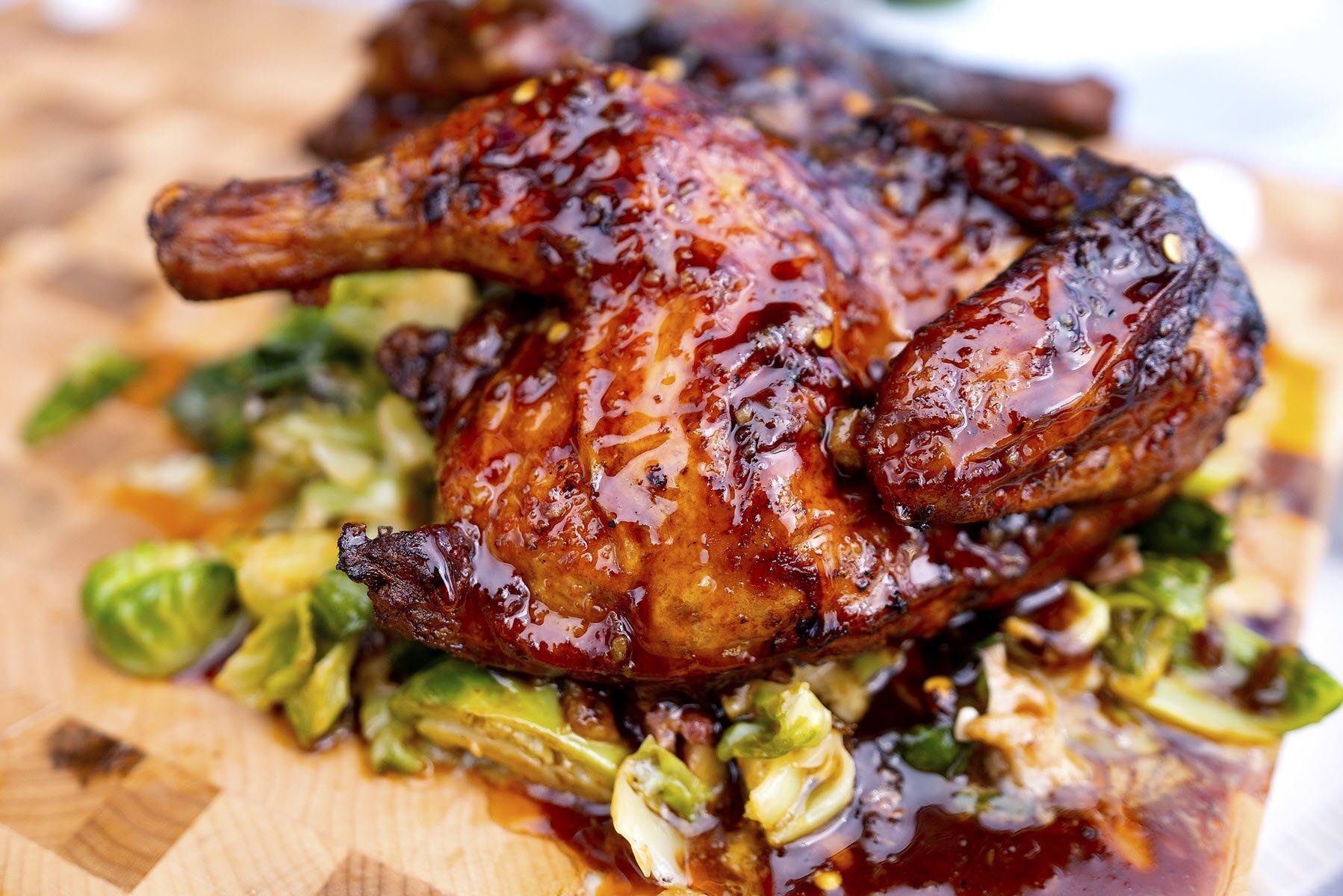 Pomegranate Molasses Honey Glazed Hot n Fast Cornish Hen with Blue Cheese Brussel Sprout Hash