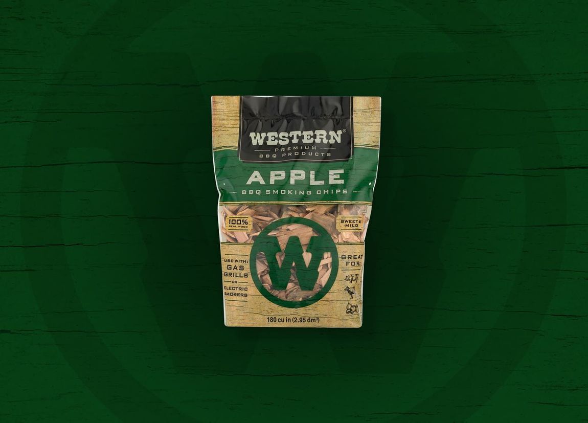 Bag of Western apple wood chips on a green background.