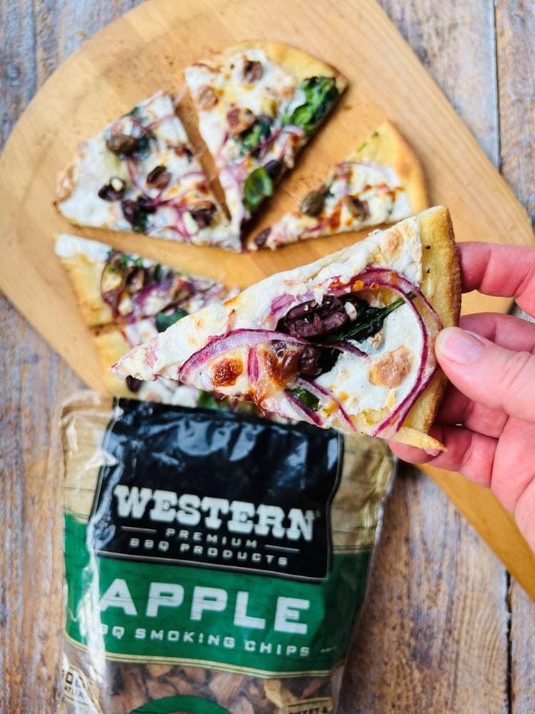 Greek Veggie Smoked Pizza with bag of Western Apple Smoking chips