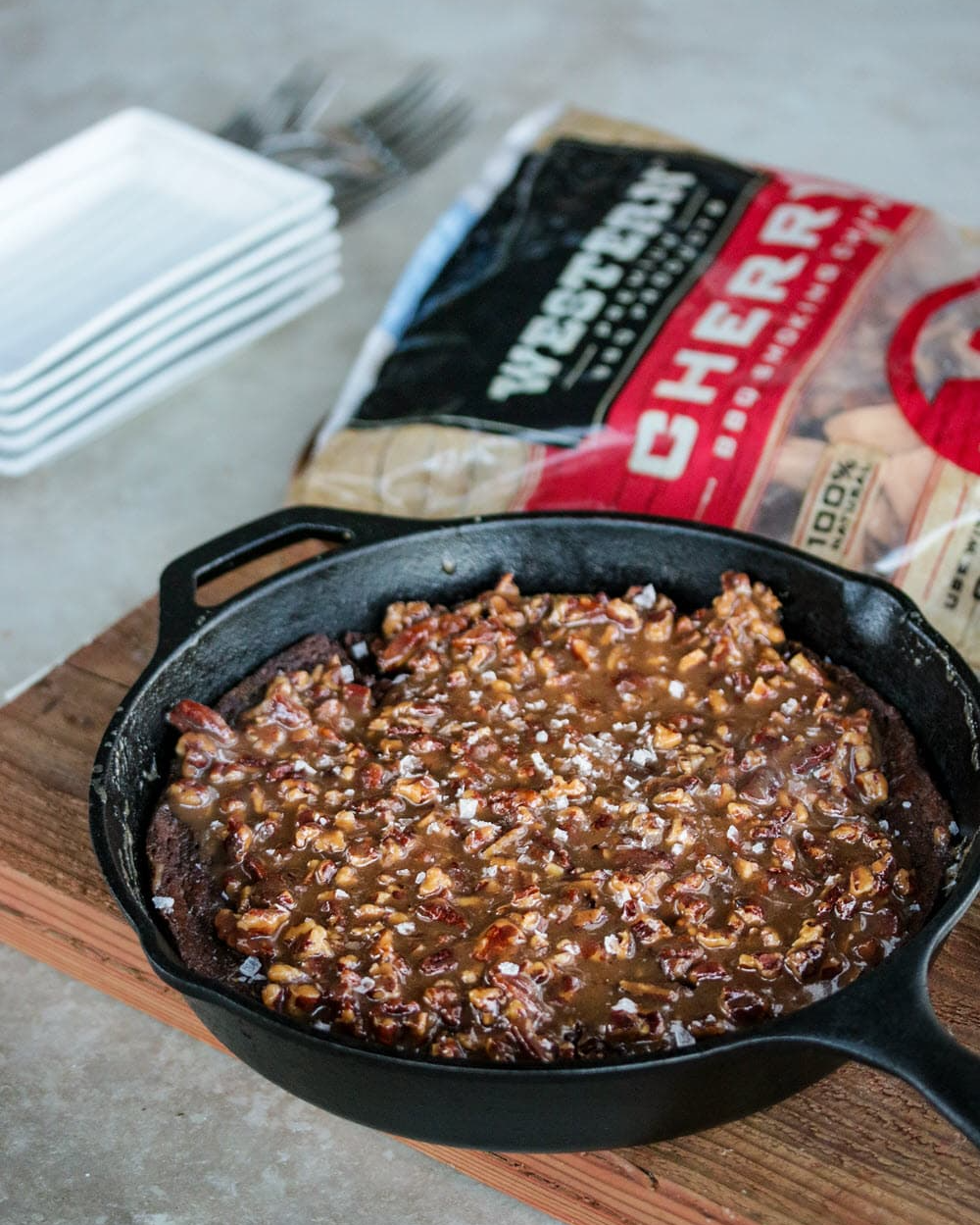 Cherry Smoked Salted Caramel Brownie in pan