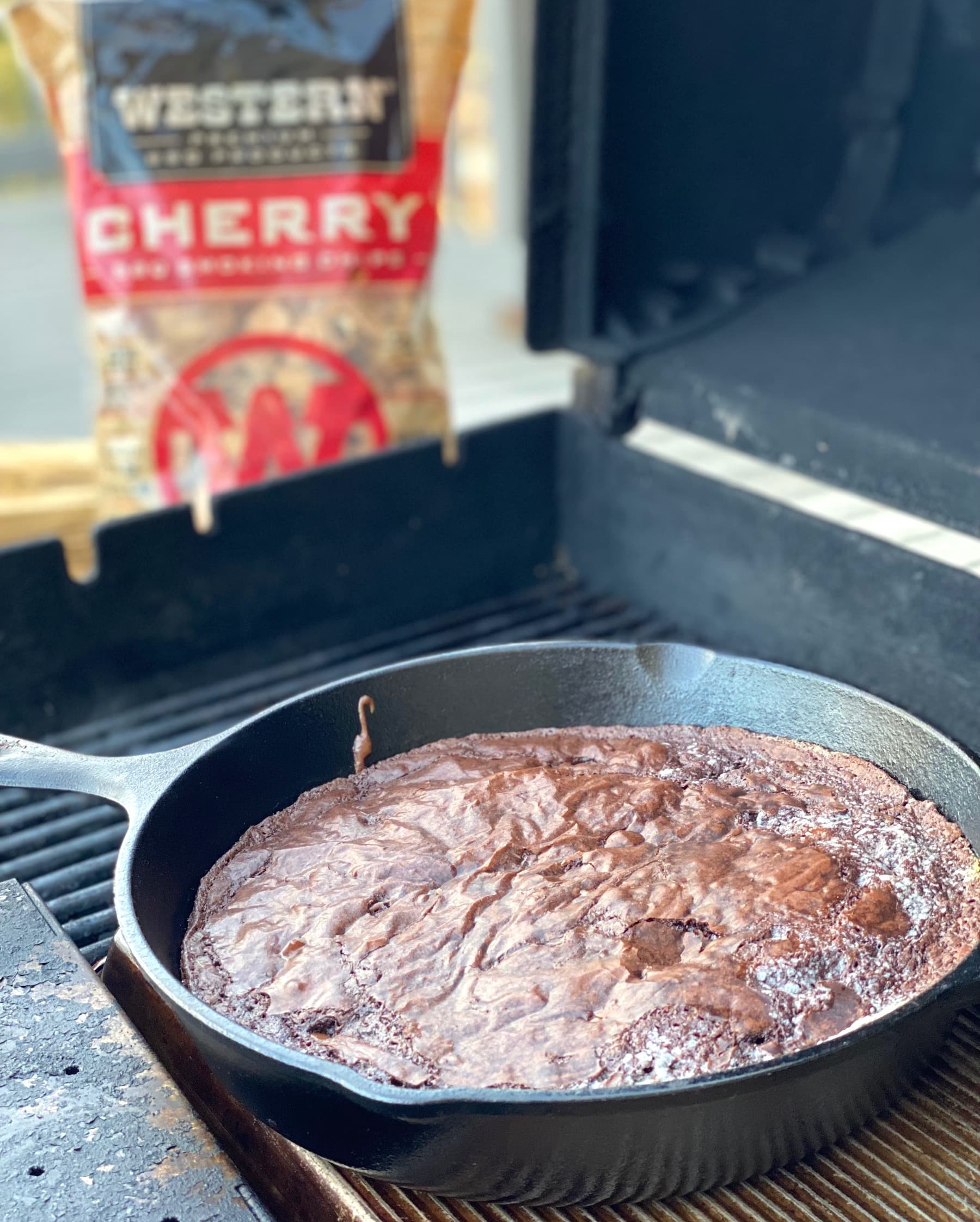 Cherry Smoked Baked Brownie in pan on grill